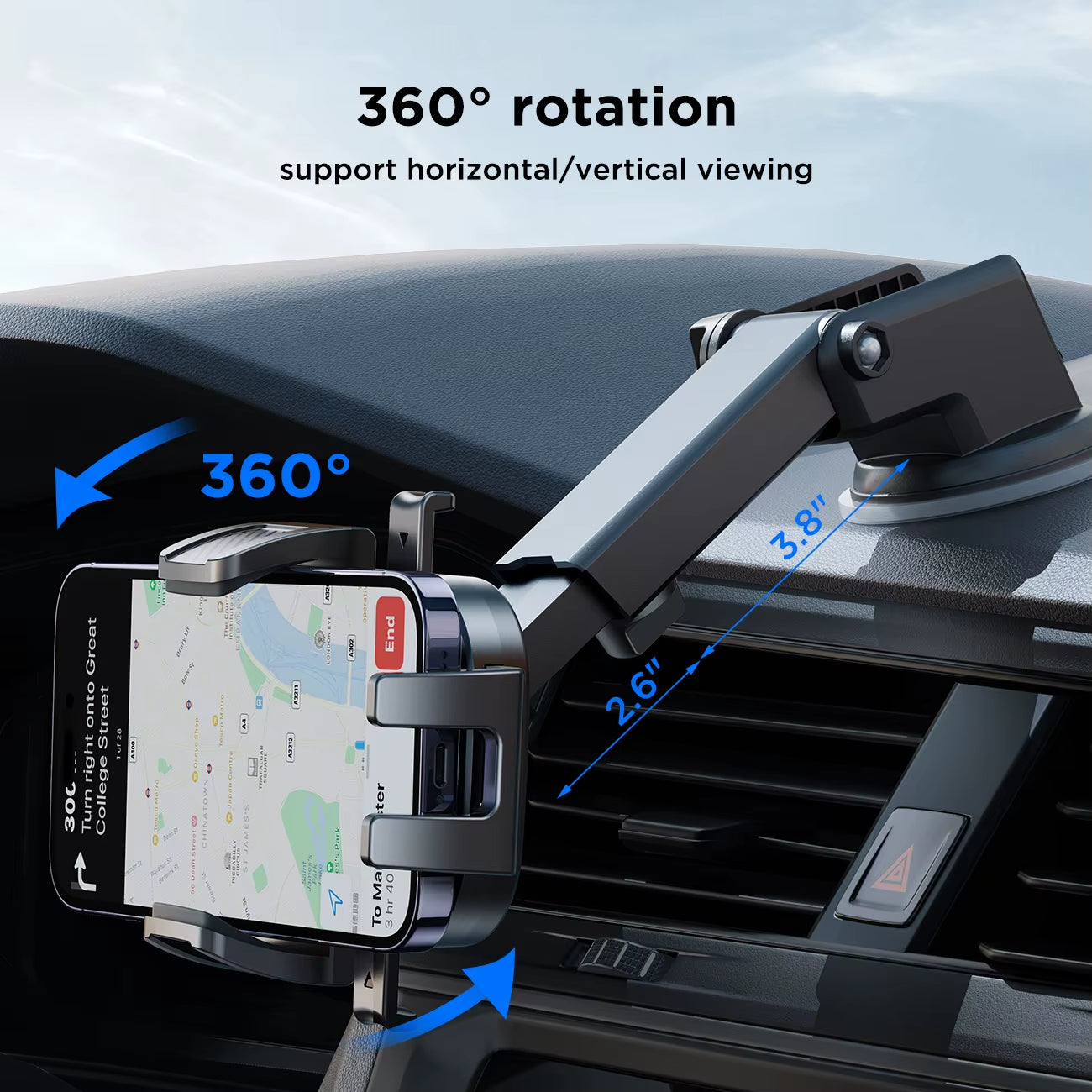 Car Phone Holder Cell Phone Car Mount Universal 360° Rotatable Phone Holder for Car Dashboard Windscreen 4.7-6.8''Phones